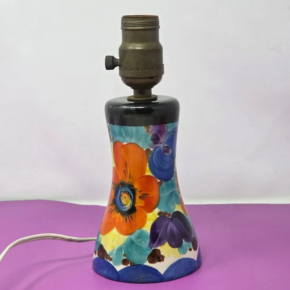 Vintage Hand-Painted‎ Floral Ceramic Table Lamp Base Socket & Cord Boho #509